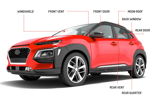 Sport vehicle with glass sections labeled